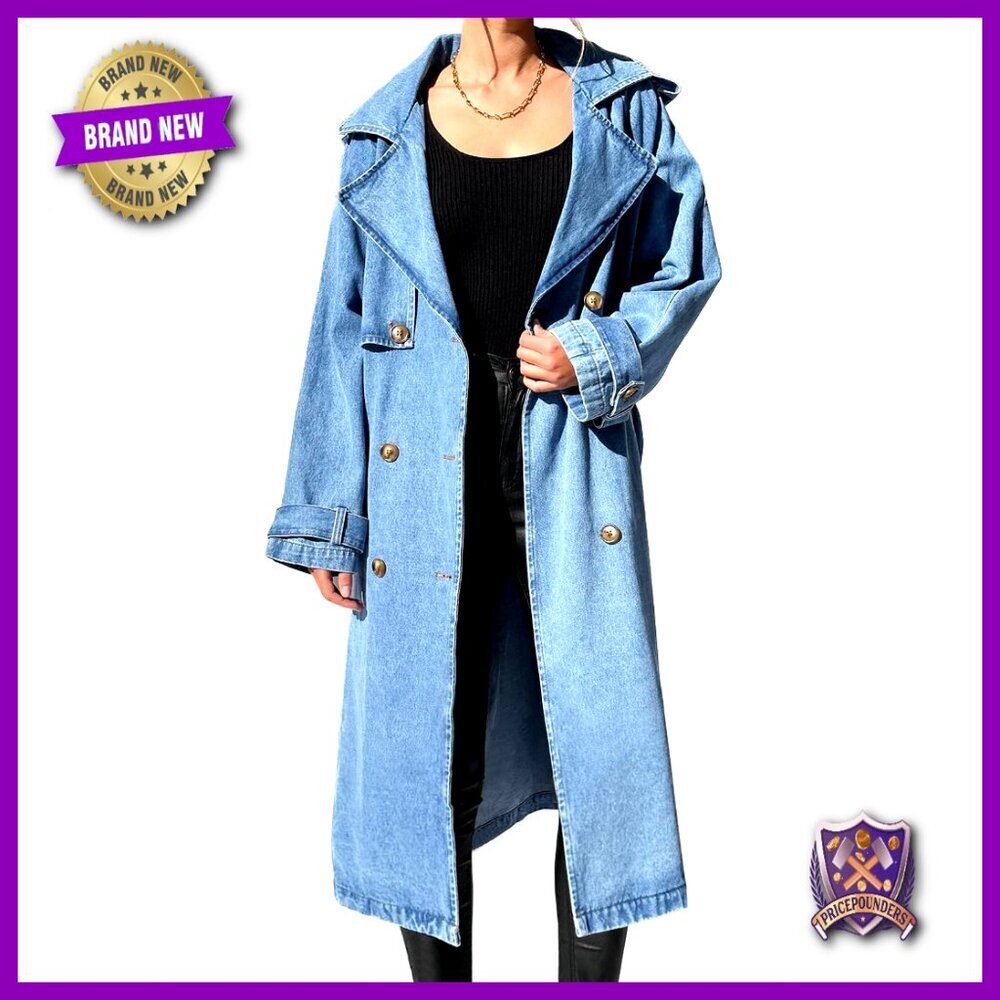 Oversized Denim Jacket Double Breasted Maxi Coat Classic Lapel Chic Outerwear